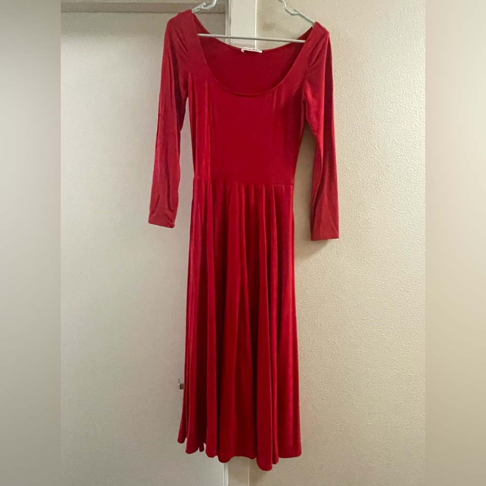 Reformation Red Long Sleeve Velvet Midi Dress